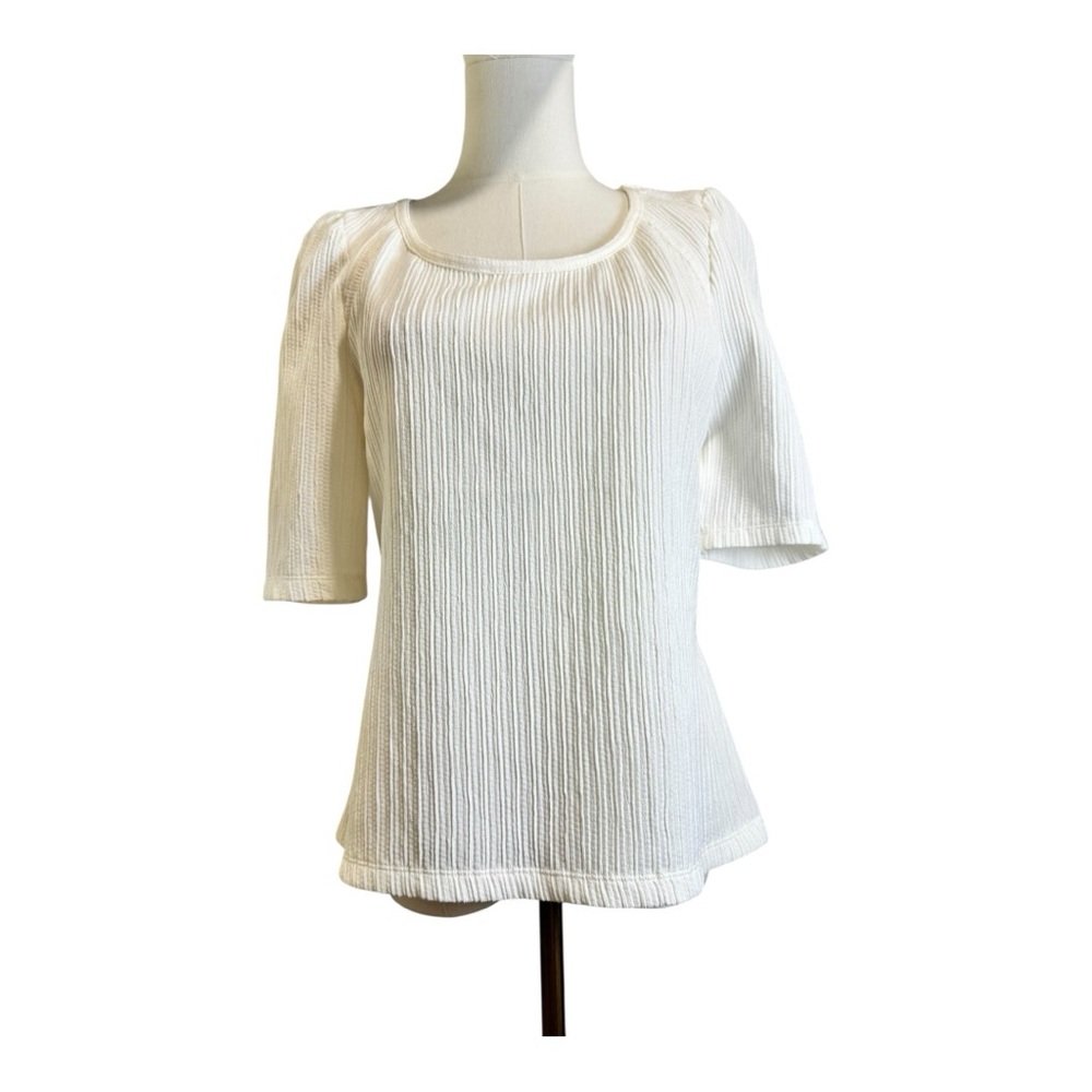 Max Studio London White Ribbed Short Sleeve Top Large Minimalist | NWT
